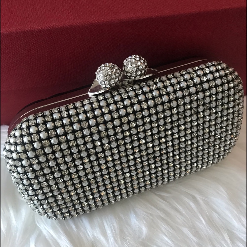 Handmade Swarovski Crystals Pearl Satin Black Clutch Bag GORGEOUS